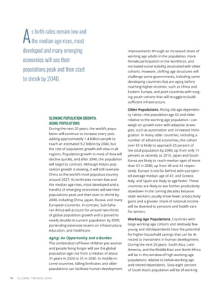 GLOBAL TRENDS 2040
18
A
s birth rates remain low and
the median age rises, most
developed and many emerging
economies will see their
populations peak and then start
to shrink by 2040.
SLOWING POPULATION GROWTH,
AGING POPULATIONS
During the next 20 years, the world’s popu-
lation will continue to increase every year,
adding approximately 1.4 billion people to
reach an estimated 9.2 billion by 2040, but
the rate of population growth will slow in all
regions. Population growth in most of Asia will
decline quickly, and after 2040, the population
will begin to contract. Although India’s pop-
ulation growth is slowing, it will still overtake
China as the world’s most populous country
around 2027. As birthrates remain low and
the median age rises, most developed and a
handful of emerging economies will see their
populations peak and then start to shrink by
2040, including China, Japan, Russia, and many
European countries. In contrast, Sub-Saha-
ran Africa will account for around two-thirds
of global population growth and is poised to
nearly double its current population by 2050,
portending extensive strains on infrastructure,
education, and healthcare.
Aging: An Opportunity and a Burden
The combination of fewer children per woman
and people living longer will see the global
population age rise from a median of about
31 years in 2020 to 35 in 2040. In middle-in-
come countries, falling birthrates and older
populations can facilitate human development
improvements through an increased share of
working age adults in the population, more
female participation in the workforce, and
increased social stability associated with older
cohorts. However, shifting age structures will
challenge some governments, including some
developing countries that are aging before
reaching higher incomes, such as China and
Eastern Europe, and poor countries with surg-
ing youth cohorts that will struggle to build
sufficient infrastructure.
Older Populations. Rising old-age dependen-
cy ratios—the population age 65 and older
relative to the working-age population—can
weigh on growth even with adaptive strate-
gies, such as automation and increased immi-
gration. In many older countries, including a
number of advanced economies, the cohort
over 65 is likely to approach 25 percent of
the total population by 2040, up from only 15
percent as recently as 2010. Japan and South
Korea are likely to reach median ages of more
than 53 in 2040, up from 48 and 44 respec-
tively. Europe is not far behind with a project-
ed average median age of 47, and Greece,
Italy, and Spain are likely to age faster. These
countries are likely to see further productivity
slowdown in the coming decades because
older workers usually show fewer productivity
gains and a greater share of national income
will be diverted to pensions and health care
for seniors.
Working Age Populations. Countries with
large working-age cohorts and relatively few
young and old dependents have the potential
for higher household savings that can be di-
rected to investment in human development.
During the next 20 years, South Asia, Latin
America, and the Middle East and North Africa
will be in this window of high working-age
populations relative to below-working-age
and retired dependents. Sixty-eight percent
of South Asia’s population will be of working
 