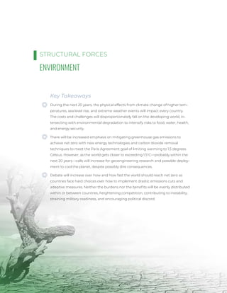 ENVIRONMENT
STRUCTURAL FORCES
Photo
/
Pexels
30
Key Takeaways
During the next 20 years, the physical effects from climate change of higher tem-
peratures, sea level rise, and extreme weather events will impact every country.
The costs and challenges will disproportionately fall on the developing world, in-
tersecting with environmental degradation to intensify risks to food, water, health,
and energy security.
There will be increased emphasis on mitigating greenhouse gas emissions to
achieve net zero with new energy technologies and carbon dioxide removal
techniques to meet the Paris Agreement goal of limiting warming to 1.5 degrees
Celsius. However, as the world gets closer to exceeding 1.5°C—probably within the
next 20 years—calls will increase for geoengineering research and possible deploy-
ment to cool the planet, despite possibly dire consequences.
Debate will increase over how and how fast the world should reach net zero as
countries face hard choices over how to implement drastic emissions cuts and
adaptive measures. Neither the burdens nor the benefits will be evenly distributed
within or between countries, heightening competition, contributing to instability,
straining military readiness, and encouraging political discord.
 