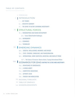 GLOBAL TRENDS 2040
iv
TABLE OF CONTENTS
FOREWORD
INTRODUCTION
1 | KEY THEMES
6 | EXECUTIVE SUMMARY
11 | THE COVID-19 FACTOR: EXPANDING UNCERTAINTY
STRUCTURAL FORCES
16 | DEMOGRAPHICS AND HUMAN DEVELOPMENT
23 | Future Global Health Challenges
30 | ENVIRONMENT
42 | ECONOMICS
54 | TECHNOLOGY
EMERGING DYNAMICS
68 | SOCIETAL: DISILLUSIONED, INFORMED, AND DIVIDED
78 | STATE: TENSIONS, TURBULENCE, AND TRANSFORMATION
90 | INTERNATIONAL: MORE CONTESTED, UNCERTAIN, AND CONFLICT PRONE
107 | The Future of Terrorism: Diverse Actors, Fraying International Efforts
SCENARIOS FOR 2040 CHARTING THE FUTURE AMID UNCERTAINTY
110 | RENAISSANCE OF DEMOCRACIES
112 | A WORLD ADRIFT
114 | COMPETITIVE COEXISTENCE
116 | SEPARATE SILOS
118 | TRAGEDY AND MOBILIZATION
1
14
v
120
141
142
66
108
REGIONAL FORECASTS
TABLE OF GRAPHICS
ACKNOWLEDGEMENTS
 