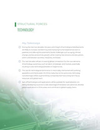 Photo
/
Bigstock
54
TECHNOLOGY
Key Takeaways
During the next two decades, the pace and impact of technological developments
are likely to increase, transforming and improving human experiences and ca-
pabilities and offering the potential to tackle challenges such as aging, climate
change, and low productivity growth, while creating new tensions and disruptions
within and between societies, industries, and states.
The next decades will see increasing global competition for the core elements
of technology supremacy, such as talent, knowledge, and markets, potentially
resulting in new technological leaders or hegemonies.
The race for technological dominance is inextricably intertwined with evolving
geopolitics and the broader US-China rivalry, but at the same time, technolog-
ical advantage will be augmented by companies that have a long-term focus,
resources, and global reach.
Spin off technologies and applications will be available for rapid adoption, en-
abling developing countries to take advantage of the latest core advances, develop
global applications in niche areas, and contribute to global supply chains.
STRUCTURAL FORCES
 