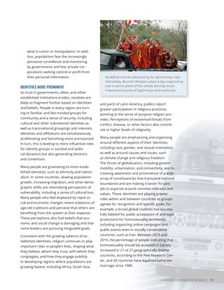 A MORE CONTESTED WORLD 73
Buddhist monks advocating for democracy near
Mandalay, Burma. Religion plays a key organizing
role in some parts of the world, serving as an
important source of legitimacy and authority.
what is rumor or manipulation. In addi-
tion, populations fear the increasingly
pervasive surveillance and monitoring
by governments and fear private cor-
porations seeking control or profit from
their personal information.
IDENTITIES MORE PROMINENT
As trust in governments, elites, and other
established institutions erodes, societies are
likely to fragment further based on identities
and beliefs. People in every region are turn-
ing to familiar and like-minded groups for
community and a sense of security, including
cultural and other subnational identities as
well as transnational groupings and interests.
Identities and affiliations are simultaneously
proliferating and becoming more pronounced.
In turn, this is leading to more influential roles
for identity groups in societal and politi-
cal dynamics but also generating divisions
and contention.
Many people are gravitating to more estab-
lished identities, such as ethnicity and nation-
alism. In some countries, slowing population
growth, increasing migration, and other demo-
graphic shifts are intensifying perceptions of
vulnerability, including a sense of cultural loss.
Many people who feel displaced by rapid so-
cial and economic changes resent violations of
age-old traditions and perceive that others are
benefiting from the system at their expense.
These perceptions also fuel beliefs that eco-
nomic and social change is damaging and that
some leaders are pursuing misguided goals.
Consistent with the growing salience of es-
tablished identities, religion continues to play
important roles in people’s lives, shaping what
they believe, whom they trust, with whom they
congregate, and how they engage publicly.
In developing regions where populations are
growing fastest, including Africa, South Asia,
and parts of Latin America, publics report
greater participation in religious practices,
pointing to the sense of purpose religion pro-
vides. Perceptions of existential threats from
conflict, disease, or other factors also contrib-
ute to higher levels of religiosity.
Many people are emphasizing and organizing
around different aspects of their identities,
including race, gender, and sexual orientation,
as well as around causes and issues, such
as climate change and religious freedom.
The forces of globalization, including greater
mobility, urbanization, and connectivity, are in-
creasing awareness and prominence of a wide
array of constituencies that transcend national
boundaries and are making it easier for peo-
ple to organize around common interests and
values. These identities are playing greater
roles within and between countries as groups
agitate for recognition and specific goals. For
example, a broad global coalition has success-
fully lobbied for public acceptance of and legal
protections for homosexuality worldwide,
including organizing online campaigns and
public events even in socially conservative
countries, such as Iran. Between 2013 and
2019, the percentage of people indicating that
homosexuality should be accepted in society
increased in 21 of 27 geographically diverse
countries, according to the Pew Research Cen-
ter, and 30 countries have legalized same-sex
marriage since 1989.
 