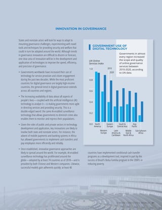 2010
2020
GOVERNMENT USE OF
DIGITAL TECHNOLOGY
Governments in almost
every region increased
the scope and quality
of online governance
services between
2010-2020, according
to UN data.
0.0
0.2
0.4
0.6
0.8
1.0
Sub-Saharan
Africa
Asia
Paciﬁc
Middle
East &
North Africa
South &
Central Asia
Latin
America &
Caribbean
Eastern
Europe
Western
Europe
North
America
INNOVATION IN GOVERNANCE
States and nonstate actors will look for ways to adapt to
mounting governance challenges, experimenting with novel
tools and techniques for providing security and welfare that
could in turn be adopted around the world. Although trends
in governance innovation are diﬃcult to discern or forecast,
one clear area of innovation will be in the development and
application of technologies to improve the speed, eﬃciency,
and precision of governance.
• Governments worldwide have increased their use of
technology for service provision and citizen engagement
during the past two decades. While the most proﬁcient
countries for digital governance are largely high-income
countries, the general trend in digital governance extends
across all countries and regions.
• The increasing availability of data about all aspects of
people’s lives—coupled with the artiﬁcial intelligence (AI)
technology to analyze it—is making governments more agile
in directing services and providing security. This is a
double-edged sword: the same AI-enabled surveillance
technology that allows governments to diminish crime also
enables them to monitor and repress their populations.
• Given the roles of public and private sectors in technology
development and application, key innovations are likely to
involve both state and nonstate actors. For instance, the
advent of mobile payments and banking systems in Africa
has allowed governments to implement cash transfers and
pay employees more eﬃciently and reliably.
• Once established, innovative governance approaches are
likely to spread around the world. For example, AI-enabled
surveillance technology has proliferated around the
globe—adopted by at least 74 countries as of 2018—and is
provided by both Chinese and Western companies. Likewise,
successful models gain adherents quickly: at least 40
countries have implemented conditional cash transfer
programs as a development tool, inspired in part by the
success of Brazil’s Bolsa Familia program in the 2000’s in
reducing poverty.
UN Online
Services Index
Frederic
Köberl
/
Unsplash
A MORE CONTESTED WORLD 87
 