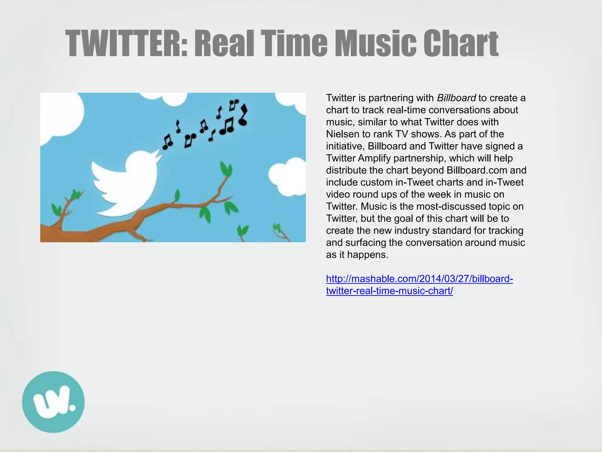 TWITTER: Real Time Music Chart
Twitter is partnering with Billboard to create a
chart to track real-time conversations about
music, similar to what Twitter does with
Nielsen to rank TV shows. As part of the
initiative, Billboard and Twitter have signed a
Twitter Amplify partnership, which will help
distribute the chart beyond Billboard.com and
include custom in-Tweet charts and in-Tweet
video round ups of the week in music on
Twitter. Music is the most-discussed topic on
Twitter, but the goal of this chart will be to
create the new industry standard for tracking
and surfacing the conversation around music
as it happens.
http://mashable.com/2014/03/27/billboard-
twitter-real-time-music-chart/
 