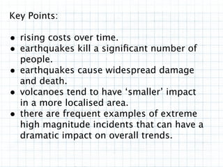 Key Points:

• rising costs over time.
• earthquakes kill a signiﬁcant number of
    people.
•   earthquakes cause widespread damage
    and death.
•   volcanoes tend to have ‘smaller’ impact
    in a more localised area.
•   there are frequent examples of extreme
    high magnitude incidents that can have a
    dramatic impact on overall trends.
 