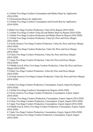 4.1 Global Two-Stage Crushers Consumption and Market Share by Application
(2016-2020)
4.2 Downstream Buyers by Application
4.3 Global Two-Stage Crushers Consumption and Growth Rate by Application
(2016-2020)
5 Global Two-Stage Crushers Production, Value ($) by Region (2016-2020)
5.1 Global Two-Stage Crushers Value ($) and Market Share by Region (2016-2020)
5.2 Global Two-Stage Crushers Production and Market Share by Region (2016-2020)
5.3 Global Two-Stage Crushers Production, Value ($), Price and Gross Margin
(2016-2020)
5.4 North America Two-Stage Crushers Production, Value ($), Price and Gross Margin
(2016-2020)
5.5 Europe Two-Stage Crushers Production, Value ($), Price and Gross Margin
(2016-2020)
5.6 China Two-Stage Crushers Production, Value ($), Price and Gross Margin
(2016-2020)
5.7 Japan Two-Stage Crushers Production, Value ($), Price and Gross Margin
(2016-2020)
5.8 Middle East & Africa Two-Stage Crushers Production, Value ($), Price and Gross
Margin (2016-2020)
5.9 India Two-Stage Crushers Production, Value ($), Price and Gross Margin
(2016-2020)
5.10 South America Two-Stage Crushers Production, Value ($), Price and Gross Margin
(2016-2020)
6 Global Two-Stage Crushers Production, Consumption, Export, Import by Regions
(2016-2020)
6.1 Global Two-Stage Crushers Consumption by Regions (2016-2020)
6.2 North America Two-Stage Crushers Production, Consumption, Export, Import
(2016-2020)
6.3 Europe Two-Stage Crushers Production, Consumption, Export, Import (2016-2020)
6.4 China Two-Stage Crushers Production, Consumption, Export, Import (2016-2020)
6.5 Japan Two-Stage Crushers Production, Consumption, Export, Import (2016-2020)
6.6 Middle East & Africa Two-Stage Crushers Production, Consumption, Export, Import
(2016-2020)
6.7 India Two-Stage Crushers Production, Consumption, Export, Import (2016-2020)
6.8 South America Two-Stage Crushers Production, Consumption, Export, Import
(2016-2020)
 