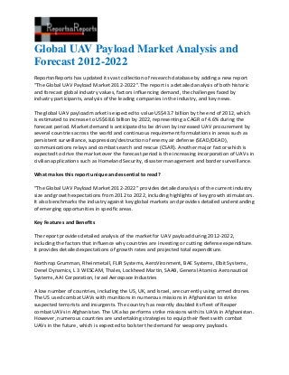 Global UAV Payload Market Analysis and
Forecast 2012-2022
ReportsnReports has updated its vast collection of research database by adding a new report
“The Global UAV Payload Market 2012-2022”.The report is a detailed analysis of both historic
and forecast global industry values, factors influencing demand, the challenges faced by
industry participants, analysis of the leading companies in the industry, and key news.

The global UAV payload market is expected to value US$43.7 billion by the end of 2012, which
is estimated to increase to US$68.6 billion by 2022, representing a CAGR of 4.6% during the
forecast period. Market demand is anticipated to be driven by increased UAV procurement by
several countries across the world and continuous requirement formulations in areas such as
persistent surveillance, suppression/destruction of enemy air defense (SEAD/DEAD),
communications relays and combat search and rescue (CSAR). Another major factor which is
expected to drive the market over the forecast period is the increasing incorporation of UAVs in
civilian applications such as Homeland Security, disaster management and border surveillance.

What makes this report unique and essential to read?

“The Global UAV Payload Market 2012-2022” provides detailed analysis of the current industry
size and growth expectations from 2012 to 2022, including highlights of key growth stimulators.
It also benchmarks the industry against key global markets and provides detailed understanding
of emerging opportunities in specific areas.

Key Features and Benefits

The report provides detailed analysis of the market for UAV payload during 2012-2022,
including the factors that influence why countries are investing or cutting defense expenditure.
It provides detailed expectations of growth rates and projected total expenditure.

Northrop Grumman, Rheinmetall, FLIR Systems, AeroVironment, BAE Systems, Elbit Systems,
Denel Dynamics, L 3 WESCAM, Thales, Lockheed Martin, SAAB, General Atomics Aeronautical
Systems, AAI Corporation, Israel Aerospace Industries

A low number of countries, including the US, UK, and Israel, are currently using armed drones.
The US used combat UAVs with munitions in numerous missions in Afghanistan to strike
suspected terrorists and insurgents. The country has recently doubled its fleet of Reaper
combat UAVs in Afghanistan. The UK also performs strike missions with its UAVs in Afghanistan.
However, numerous countries are undertaking strategies to equip their fleets with combat
UAVs in the future, which is expected to bolster the demand for weaponry payloads.
 