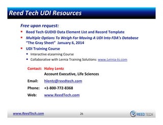 Reed Tech UDI Resources
Free upon request:
Reed Tech GUDID Data Element List and Record Template
Multiple Options To Weigh...