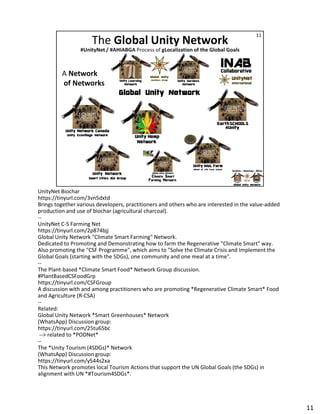 UnityNet Biochar
https://tinyurl.com/3vn5dxtd
Brings together various developers, practitioners and others who are interested in the value-added
Brings together various developers, practitioners and others who are interested in the value-added
production and use of biochar (agricultural charcoal).
--
UnityNet C-S Farming Net
https://tinyurl.com/2p874bjj
Global Unity Network "Climate Smart Farming" Network.
Dedicated to Promoting and Demonstrating how to farm the Regenerative "Climate Smart" way.
Also promoting the "CSF Programme", which aims to "Solve the Climate Crisis and Implement the
Global Goals (starting with the SDGs), one community and one meal at a time".
--
The Plant-based *Climate Smart Food* Network Group discussion.
#PlantBasedCSFoodGrp
https://tinyurl.com/CSFGroup
A discussion with and among practitioners who are promoting *Regenerative Climate Smart* Food
and Agriculture (R-CSA)
--
Related:
Global Unity Network *Smart Greenhouses* Network
(WhatsApp) Discussion group:
https://tinyurl.com/25tu65bc
--> related to *PODNet*
--
The *Unity Tourism (4SDGs)* Network
(WhatsApp) Discussion group:
https://tinyurl.com/y544s2xa
This Network promotes local Tourism Actions that support the UN Global Goals (the SDGs) in
alignment with UN *#Tourism4SDGs*.
11
 