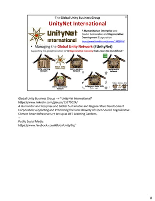 Global Unity Business Group --> *UnityNet International*
https://www.linkedin.com/groups/13979024/
https://www.linkedin.com/groups/13979024/
A Humanitarian Enterprise and Global Sustainable and Regenerative Development
Corporation Supporting and Promoting the local delivery of Open Source Regenerative
Climate Smart Infrastructure set up as LIFE Learning Gardens.
--
Public Social Media:
https://www.facebook.com/GlobalUnityBiz/
8
 