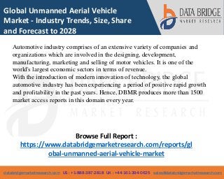 databridgemarketresearch.com US : +1-888-387-2818 UK : +44-161-394-0625 sales@databridgemarketresearch.com
1
Global Unmanned Aerial Vehicle
Market - Industry Trends, Size, Share
and Forecast to 2028
Automotive industry comprises of an extensive variety of companies and
organizations which are involved in the designing, development,
manufacturing, marketing and selling of motor vehicles. It is one of the
world's largest economic sectors in terms of revenue.
With the introduction of modern innovation of technology, the global
automotive industry has been experiencing a period of positive rapid growth
and profitability in the past years. Hence, DBMR produces more than 1500
market access reports in this domain every year.
Browse Full Report :
https://www.databridgemarketresearch.com/reports/gl
obal-unmanned-aerial-vehicle-market
 