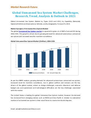 Email: sales@marketresearchfuture.com
Global Unmanned Sea System Market Challenges,
Research, Trend, Analysis & Outlook to 2021
Global Unmanned Sea System Market by Types (UUV and USV), by Capability (Remotely
Operated Vehicle and Autonomous Vehicle), and by Geography- Forecast To 2021
Market Synopsis of Unmanned Sea System Market
The global Unmanned Sea System market is expected to grow at a CAGR of around 8% during
2016-2021. This growth is driven due to growing demand for advanced autonomous unmanned
sea system and increased need for maritime surveillance.
Global Unmanned Sea System Market ($ billion), 2016-2021
As per the MRFR analysis, growing demand for advanced autonomous unmanned sea system,
increased need for maritime surveillance, rise in global conflicts and tensions are the key
drivers of the global market, where as design challenges, economic downturn and defense
budget cuts and operational and technological difficulties are the key challenges associated
with this market.
The United States is leading the global Unmanned Sea System market; however the demand
has increased from emerging nations such as EMEA and Asia Pacific in relation to substantial
number of unmanned sea system in their naval forces to counter territorial disputes.
 