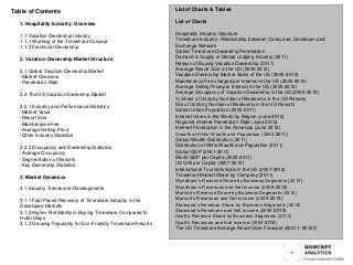 Table of Contents
1. Hospitality Industry: Overview
1.1 Vacation Ownership Industry
1.1.1 Working of the Timeshare Concept
1.1.2 Fractional Ownership
2. Vacation Ownership Market Structure
2.1 Global Vacation Ownership Market
-Market Overview
-Penetration Rate
2.2 The US Vacation Ownership Market
2.2.1 Industry and Performance Statistics
-Market Value
-Resort Size
-Maintenance Fee
-Average Selling Price
-Other Industry Statistics
2.2.2 Occupancy and Ownership Statistics
-Average Occupancy
-Segmentation of Resorts
-Key Ownership Statistics
3. Market Dynamics
3.1 Industry Trends and Developments
3.1.1 Fast Paced Recovery of Timeshare Industry in the
Developed Markets
3.1.2 Higher Profitability in Buying Timeshare Compared to
Hotel Stays
3.1.3 Growing Popularity for Eco-Friendly Timeshare Resorts
List of Charts & Tables
List of Charts
Hospitality Industry Structure
Timeshare Industry- Relationship between Consumer, Developer and
Exchange Network
Global Timeshare Ownership Penetration
Demand & Supply of Global Lodging Industry (2011)
Reason of Buying Vacation Ownership (2011)
Average Resort Size in the US (2005-2012)
Vacation Ownership Market Sales of the US (2005-2012)
Maintenance Fee charged per Interval in the US (2005-2012)
Average Selling Price per Interval in the US (2005-2012)
Average Occupancy of Vacation Ownership in the US (2005-2012)
% Share of Units by Number of Bedrooms in the US Resorts
Mix of Units by Number of Bedrooms in the US Resorts
Global Urban Population (2005-2011)
Internet Users in the World by Region (June 2012)
Regional Internet Penetration Rate (June 2012)
Internet Penetration in the Americas (June 2012)
Growth of HNIs’ Wealth and Population (2005-2011)
Global Wealth Distribution (2011)
Distribution of HNIs Wealth and Population (2011)
Global GDP (2001-2011)
World GDP per Capita (2005-2011)
US GNI per Capita (2007-2012)
International Tourist Arrivals in the US (2007-2012)
Timeshare Market Share by Company (2011)
Wyndham’s Revenue Share by Business Segments (2012)
Wyndham’s Revenues and Net Income (2009-2012)
Marriott’s Revenue Share by Business Segments (2012)
Marriott’s Revenues and Net Income (2009-2012)
Starwood’s Revenue Share by Business Segments (2012)
Starwood’s Revenues and Net Income (2009-2012)
Hyatt’s Revenue Share by Business Segments (2012)
Hyatt’s Revenues and Net Income (2009-2012)
The US Timeshare Average Resort Size Forecast (20011–2015F)
 
