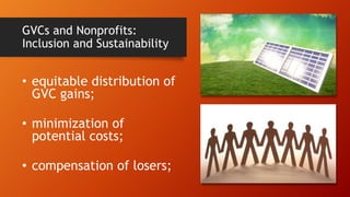 GVCs and Nonprofits:
Inclusion and Sustainability
• equitable distribution of
GVC gains;
• minimization of
potential costs;
• compensation of losers;
 