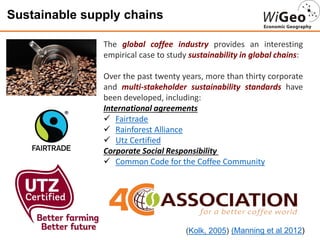 Sustainable supply chains
The global coffee industry provides an interesting
empirical case to study sustainability in global chains:
Over the past twenty years, more than thirty corporate
and multi-stakeholder sustainability standards have
been developed, including:
International agreements
 Fairtrade
 Rainforest Alliance
 Utz Certified
Corporate Social Responsibility
 Common Code for the Coffee Community
(Manning et al 2012)
(Kolk, 2005)
 