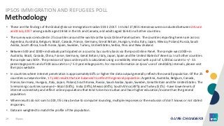 29 ©Ipsos.
Methodology
IPSOS IMMIGRATION AND REFUGEES POLL
• These are the findings of the Global @dvisor Immigration tracker 2011-2017. In total 17,903 interviews were conducted between 24 June
and 8 July 2017 among adults aged 18-64 in the US and Canada, and adults aged 16-64 in all other countries.
• The survey was conducted in 25 countries around the world via the Ipsos Online Panel system. The countries reporting herein are across
Argentina, Australia, Belgium, Brazil, Canada, France, Germany, Great Britain, Hungary, India, Italy, Japan, Mexico, Poland, Russia, Saudi
Arabia, South Africa, South Korea, Spain, Sweden, Turkey, United States, Serbia, Peru and New Zealand.
• Between 500 and 1000+ individuals participated on a country by country basis via the Ipsos Online Panel. The sample was 1000+ in
Australia, Brazil, Canada, China, France, Germany, Great Britain, Italy, Japan, Spain and the United Stated of America. In all other countries
the sample was 500+. The precision of Ipsos online polls is calculated using a credibility interval with a poll of 1,000 accurate to +/- 3.5
percentage points and of 500 accurate to +/- 5.0 percentage points. For more information on Ipsos’ use of credibility intervals, please visit
the Ipsos website.
• In countries where internet penetration is approximately 60% or higher the data output generally reflects the overall population. Of the 25
countries surveyed online, 17 yield results that are balanced to reflect the general population: Argentina, Australia, Belgium, Canada,
France, Germany, Hungary, Italy, Japan, Poland, South Korea, Russia, Saudi Arabia, Spain, Sweden, Great Britain and the United States. The
5 remaining countries surveyed – Brazil (58%), India (19%), Mexico (44%), South Africa (49%) and Turkey (51%) - have lower levels of
internet connectivity and reflect online populations that tend to be more urban and have higher education/income than the general
population.
• Where results do not sum to 100, this may be due to computer rounding, multiple responses or the exclusion of don't knows or not stated
responses.
• Data are weighted to match the profile of the population.
 