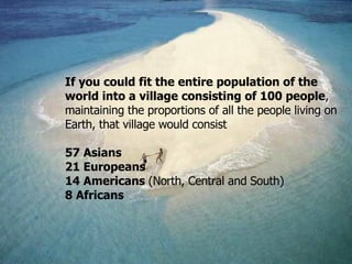 If you could fit the entire population of the world into a village consisting of 100 people ,  maintaining the proportions of all the people living on Earth, that village would consist 57 A sians 21 Eur opeans 14 A mericans   ( North, Central and South )   8 Afr icans 