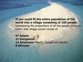 If you could fit the entire population of the
world into a village consisting of 100 people,
maintaining the proportions of all the people living on
Earth, that village would consist of

57 Asians
21 Europeans
14 Americans (North, Central and South)
8 Africans
 
