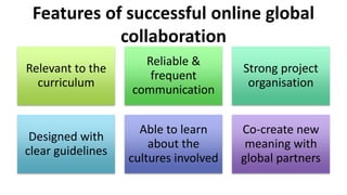 Features of successful online global
collaboration
Relevant to the
curriculum
Reliable &
frequent
communication
Strong project
organisation
Designed with
clear guidelines
Able to learn
about the
cultures involved
Co-create new
meaning with
global partners
 