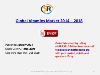 Global Vitamins Market 2014 – 2018

Published: January 2014
Single User PDF: US$ 2500
Corporate User PDF: US$ 3500

Order this report by calling
+1 888 391 5441 or Send an email
to sales@sandlerresearch.org
with your contact details and
questions if any.

© SandlerResearch.org/ Contact sales@sandlerresearch.org

1

 