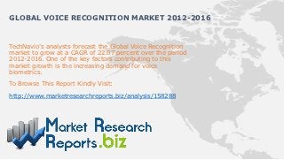 GLOBAL VOICE RECOGNITION MARKET 2012-2016


TechNavio's analysts forecast the Global Voice Recognition
market to grow at a CAGR of 22.07 percent over the period
2012-2016. One of the key factors contributing to this
market growth is the increasing demand for voice
biometrics.
To Browse This Report Kindly Visit:

http://www.marketresearchreports.biz/analysis/158288
 