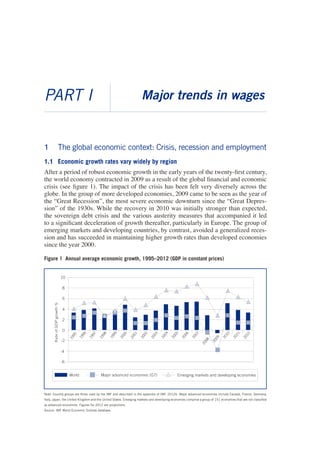 1 The global economic context: Crisis, recession and employment 
1.1 Economic growth rates vary widely by region 
After a period of robust economic growth in the early years of the twenty-first century, the world economy contracted in 2009 as a result of the global financial and economic crisis (see figure 1). The impact of the crisis has been felt very diversely across the globe. In the group of more developed economies, 2009 came to be seen as the year of the “Great Recession”, the most severe economic downturn since the “Great Depression” of the 1930s. While the recovery in 2010 was initially stronger than expected, the sovereign debt crisis and the various austerity measures that accompanied it led to a significant deceleration of growth thereafter, particularly in Europe. The group of emerging markets and developing countries, by contrast, avoided a generalized recession and has succeeded in maintaining higher growth rates than developed economies since the year 2000. 
Figure 1 Annual average economic growth, 1995–2012 (GDP in constant prices) 
Note: Country groups are those used by the IMF and described in the appendix of IMF, 2012b. Major advanced economies include Canada, France, Germany, Italy, Japan, the United Kingdom and the United States. Emerging markets and developing economies comprise a group of 151 economies that are not classified as advanced economies. Figures for 2012 are projections. 
Source: IMF World Economic Outlook database. 
PART I 
Major trends in wages 
Rate of GDP growth % 1086420-2-4-6 201220112010200920082007200620052004200320022001200019991998199719961995 Emerging markets and developing economies Major advanced economies (G7)World  