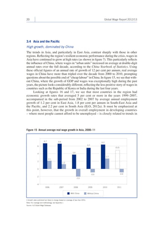 20 Global Wage Report 2012/13 
3.4 Asia and the Pacific 
High growth, dominated by China 
The trends in Asia, and particularly in East Asia, contrast sharply with those in other 
regions. Reflecting the region’s resilient economic performance during the crisis, wages in 
Asia have continued to grow at high rates (as shown in figure 7). This particularly reflects 
the influence of China, where wages in “urban units” increased on average at double-digit 
annual rates over the full decade, according to the China Yearbook of Statistics. Using 
these official figures of an annual rate of growth of 12 per cent per annum, real average 
wages in China have more than tripled over the decade from 2000 to 2010, prompting 
questions about the possible end of “cheap labour” in China. In figure 15, we see that with-out 
China, where the growth of GDP and wages was exceptionally high during the past 
years, the picture looks considerably different, reflecting the less positive story of wages in 
countries such as the Republic of Korea or India during the last four years. 
Looking at figures 16 and 17, we see that most countries in the region had 
economic growth rates that averaged 5 per cent or more in the years 1999–2007, 
accompanied in the sub-period from 2002 to 2007 by average annual employment 
growth of 1.2 per cent in East Asia, 1.8 per cent per annum in South-East Asia and 
the Pacific, and 2.2 per cent in South Asia (ILO, 2012a). It must be emphasized at 
this point, however, that the growth in overall employment in developing countries 
– where most people cannot afford to be unemployed – is closely related to trends in 
() Growth rates published but likely to change (based on coverage of less than 40%). 
Note: For coverage and methodology, see Appendix I. 
Source: ILO Global Wage Database. 
Figure 15 Annual average real wage growth in Asia, 2006–11 
2006 2007 2008 2009 2010 2011 
-4 
-2 
0 
2 
4 
6 
With China Without China 
6.7 6.6 
3.9 
5.7 
6.3 
(5.0) 
2.1 
1.2 
-2.0 
-0.9 
2.7 
-0.9 
 