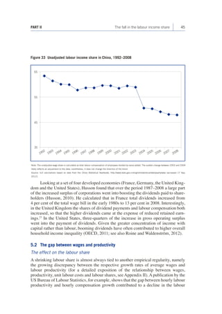 PART II The fall in the labour income share 45 
Looking at a set of four developed economies (France, Germany, the United King-dom 
and the United States), Husson found that over the period 1987–2008 a large part 
of the increased surplus of corporations went into boosting the dividends paid to share-holders 
(Husson, 2010). He calculated that in France total dividends increased from 
4 per cent of the total wage bill in the early 1980s to 13 per cent in 2008. Interestingly, 
in the United Kingdom the shares of dividend payments and labour compensation both 
increased, so that the higher dividends came at the expense of reduced retained earn-ings. 
23 In the United States, three-quarters of the increase in gross operating surplus 
went into the payment of dividends. Given the greater concentration of income with 
capital rather than labour, booming dividends have often contributed to higher overall 
household income inequality (OECD, 2011; see also Roine and Waldenström, 2012). 
5.2 The gap between wages and productivity 
The effect on the labour share 
A shrinking labour share is almost always tied to another empirical regularity, namely 
the growing discrepancy between the respective growth rates of average wages and 
labour productivity (for a detailed exposition of the relationship between wages, 
productivity, unit labour costs and labour shares, see Appendix II). A publication by the 
US Bureau of Labour Statistics, for example, shows that the gap between hourly labour 
productivity and hourly compensation growth contributed to a decline in the labour 
Note: The unadjusted wage share is calculated as total labour compensation of employees divided by value added. The sudden change between 2003 and 2004 
likely reflects an adjustment to the data; nonetheless, it does not change the direction of the trend. 
Source: ILO calculations based on data from the China Statistical Yearbooks, http://www.stats.gov.cn/english/statisticaldata/yearlydata/ [accessed 17 Sep. 
2012]. 
Figure 33 Unadjusted labour income share in China, 1992–2008 
1998 
1999 
2000 
2001 
2002 
2003 
2004 
2005 
2006 
2007 
2008 
1997 
1992 
1993 
1994 
1995 
1996 
65 
35 
45 
55 
 