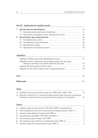 viii Global Wage Report 2012/13 
Part III Implications for equitable growth 
7 Internal and external imbalances . 61 
7.1 Functional and personal income distribution . 61 
7.2 Wage-based consumption is down, affecting the recovery . 61 
8 Reconnecting wages and productivity . . . . . . . . . . . . . . . . . . . . . . . . . . . . . . . . . 62 
8.1 Coordinated policy action . . . . . . . . . . . . . . . . . . . . . . . . . . . . . . . . . . . . . . . . 62 
8.2 Strengthening existing institutions . 63 
8.3 Beyond labour markets . 63 
8.4 Specificities of developing countries . 64 
Appendices 
Appendix I: Global wage trends: Methodological issues . 67 
Appendix II: How a divergence between labour productivity and wages 
influences unit labour costs and the labour income share . 75 
Appendix III: Determinants of labour shares . 79 
Appendix IV: The effect of labour share on aggregate demand . 87 
Notes . 93 
Bibliography . 101 
Tables 
1. Cumulative real wage growth by region since 2000 (index: 2000 = 100) . 10 
2. Direction of effects of a 1% decrease in labour income share on private consumption 
of domestic goods and services, investment and net exports in 16 economies . 54 
Figures 
1. Annual average economic growth, 1995–2012 (GDP in constant prices) . 1 
2. Total unemployment rates in the world and in developed economies, 2005–11 . 2 
3. Annual average global real wage growth, 2006–11 . 2 
4. The gender pay gap (GPG), 1999–2007 and 2008–11 . 5 
5. The gender pay gap in Estonia, 1993–2009 . 6 
6. The gender pay gap in Norway by employment status, 2008–11 . 7 
7. Annual average real wage growth by region, 2006–11 . 8 
 
