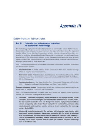 Appendix III 
Determinants of labour shares 
Box A1 Data selection and estimation procedure: 
An econometric methodology 
The methodology employed in the estimation procedure to determine the effects of different variables on labour shares is based on a causal framework that requires four basic steps. The dependent variable (labour income share) and independent variables (internal and external factors) are constructed by combining datasets (Step 1), carefully considering problems of misreporting and endogeneity (Step 2). The determinants of labour income shares are grouped according to the factors in figure 37 (Step 3) and the combination of the determinants (Step 4) underlines the specifications, leading to the estimates in tables A4 and A5. 
Step 1: The following information sources were combined to construct the dependent variable and set of independent variables: 
• 
Dependent variable: ILO/ILLS database for the construction of the main indicator on wage shares as proxy for labour income shares. 
• 
Deterministic factors: AMECO database, OECD database, Chinese National Accounts, UNIDO Industrial Index, World Bank World Development Indicators (WB-WDI), PENN World Tables, EU-KLEMS database. 
• 
Complementary data were also drawn direction from the studies of Aleksynska and Schindler (2011), Bassanini and Duval (2006) and Lane and Milesi-Ferretti (2007). 
Treatment and nature of the data: The dependent variable and the determinants are estimated on an annual basis for the period 1970–2007 for 71 economies. 
Step 2: The dependent variable is total wage share, which equals total wage bill divided by national income. It is constructed allowing for two adjustments: 
• 
Adjustment 1 (control for mis-reporting): Income data from the self-employed includes salaries and profits. To avoid overestimating the contribution from the self-employed (by excluding profits), the total wage bill is estimated as the sum of wages from “salaried employees” augmented by an element corresponding to the share of the self-employed in the workforce.Thus, employees act as counterfactuals to what would have been the salaries of the self-employed had they been wage workers (Gollin, 2002). 
• 
Adjustment 2 (controlling endogeneity): The total wage bill includes the wages from the public sector closely related to the measure of government consumption (GC). The variable GC is included in the right-hand side of the causal relation to pick up the effect on changes in “total wage share”. Thus, the adjusted measure of total wage share has to be further adjusted by subtracting GC from the total wage bill: the second adjustment makes GC (in the right-hand side) exogenous to total wage share (in the left-hand side).  