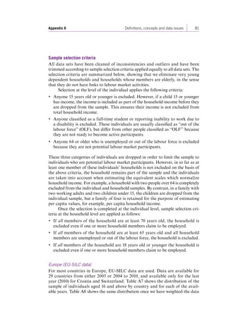 Appendix II Definitions, concepts and data issues 81 
Sample selection criteria 
All data sets have been cleaned of inconsistencies and outliers and have been 
trimmed according to sample selection criteria applied equally to all data sets. The 
selection criteria are summarized below, showing that we eliminate very young 
dependent households and households whose members are elderly, in the sense 
that they do not have links to labour market activities. 
Selection at the level of the individual applies the following criteria: 
yy Anyone 15 years old or younger is excluded. However, if a child 15 or younger 
has income, the income is included as part of the household income before they 
are dropped from the sample. This ensures their income is not excluded from 
total household income. 
yy Anyone classified as a full-time student or reporting inability to work due to 
a disability is excluded. These individuals are usually classified as “out of the 
labour force” (OLF), but differ from other people classified as “OLF” because 
they are not ready to become active participants. 
yy Anyone 64 or older who is unemployed or out of the labour force is excluded 
because they are not potential labour market participants. 
These three categories of individuals are dropped in order to limit the sample to 
individuals who are potential labour market participants. However, in so far as at 
least one member of these individuals’ households is not excluded on the basis of 
the above criteria, the household remains part of the sample and the individuals 
are taken into account when estimating the equivalent scales which normalize 
household income. For example, a household with two people over 64 is completely 
excluded from the individual and household samples. By contrast, in a family with 
two working adults and two children under 15, the children are dropped from the 
individual sample, but a family of four is retained for the purpose of estimating 
per capita values, for example, per capita household income. 
Once the selection is completed at the individual level, sample selection cri-teria 
at the household level are applied as follows: 
yy If all members of the household are at least 70 years old, the household is 
excluded even if one or more household members claim to be employed. 
yy If all members of the household are at least 65 years old and all household 
members are unemployed or out of the labour force, the household is excluded. 
yy If all members of the household are 18 years old or younger the household is 
excluded even if one or more household members claim to be employed. 
Europe (EU-SILC data) 
For most countries in Europe, EU-SILC data are used. Data are available for 
29 countries from either 2003 or 2004 to 2010, and available only for the last 
year (2010) for Croatia and Switzerland. Table A7 shows the distribution of the 
sample of individuals aged 16 and above by country and for each of the avail-able 
years. Table A8 shows the same distribution once we have weighted the data 
Contents 
 