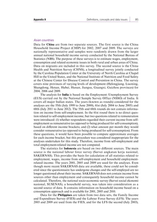 Appendix II Definitions, concepts and data issues 85 
Asian countries 
Data for China are from two separate sources. The first source is the China 
Household Income Project (CHIP) for 2002, 2007 and 2009. The surveys are 
nationally representative and samples were randomly drawn from the larger 
annual national household income survey conducted by the National Bureau of 
Statistics (NBS). The purpose of these surveys is to estimate wages, employment, 
consumption and related economic issues in both rural and urban areas of China. 
Data on migrants are included in this survey. The second source is the China 
Health and Nutrition Survey (CHNS), a longitudinal survey jointly conducted 
by the Carolina Population Center at the University of North Carolina at Chapel 
Hill in the United States, and the National Institute of Nutrition and Food Safety 
at the Chinese Center for Disease Control and Prevention in China. The survey 
covers nine provinces of varying levels of development (Helongjiang, Liaoning, 
Shangdong, Henan, Hubei, Hunan, Jiangsu, Guangxi, Guizhou provinces) for 
2004, 2006 and 2009. 
The analysis for India is based on the Employment–Unemployment Survey 
(EUS) carried out by the National Sample Survey Office (NSSO) of India. It 
covers all major Indian states. The years (known as rounds) considered for the 
analyses are the 55th (July 1999 to June 2000), 61st (July 2004 to June 2005) and 
68th (July 2011 to June 2012). The 55th and 68th rounds do not contain informa-tion 
on income from self-employment. In the 61st round there is no direct ques-tion 
related to self-employment income, but two questions related to remuneration 
were introduced: (1) whether respondents regarded their current income from self-employment 
as remunerative (as opposed to being produced for self-consumption), 
based on different income brackets; and (2) what amount per month they would 
consider remunerative (as opposed to being produced for self-consumption). From 
these questions, it would have been possible to compute approximate averages 
for each income bracket, but this procedure was considered inappropriate for the 
analyses undertaken for this study. Therefore, income from self-employment and 
total employment-related income are not computed. 
The statistics for Indonesia are based on two different sources. The main 
source is the national labour force survey (Survei angkatan kerja nasional, 
SAKERNAS). This provides the basis for calculation of all statistics related to 
employment, wages, income from self-employment and household employment-related 
income. The years 2001, 2005 and 2009 are used for the analyses. Even 
though more recent SAKERNAS data are available, these could not be consid-ered 
since the questionnaire has undergone changes and the self-employed are no 
longer questioned about their income. SAKERNAS does not contain income from 
sources other than employment and consequently household income cannot be 
calculated. Therefore, the national socio-economic survey (Survei social ekonomi 
nasional, SUSENAS), a household survey, was taken into consideration as a 
second source of data. It contains information on household income based on a 
consumption approach and is available for 2001, 2005 and 2010. 
Data for the Philippines are taken from two data sets, the Family Income 
and Expenditure Survey (FIES) and the Labour Force Survey (LFS). The years 
2003 and 2009 are used from the FIES, and for the LFS the second (July 2003), 
Contents 
 