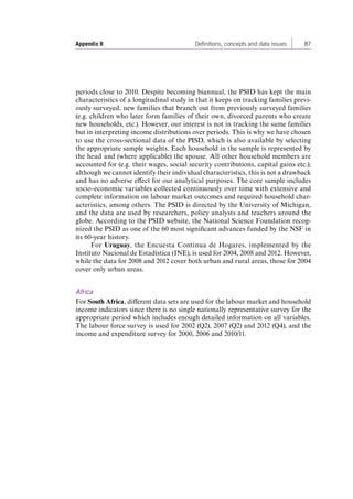 Appendix II Definitions, concepts and data issues 87 
periods close to 2010. Despite becoming biannual, the PSID has kept the main 
characteristics of a longitudinal study in that it keeps on tracking families previ-ously 
surveyed, new families that branch out from previously surveyed families 
(e.g. children who later form families of their own, divorced parents who create 
new households, etc.). However, our interest is not in tracking the same families 
but in interpreting income distributions over periods. This is why we have chosen 
to use the cross-sectional data of the PISD, which is also available by selecting 
the appropriate sample weights. Each household in the sample is represented by 
the head and (where applicable) the spouse. All other household members are 
accounted for (e.g. their wages, social security contributions, capital gains etc.); 
although we cannot identify their individual characteristics, this is not a drawback 
and has no adverse effect for our analytical purposes. The core sample includes 
socio-economic variables collected continuously over time with extensive and 
complete information on labour market outcomes and required household char-acteristics, 
among others. The PSID is directed by the University of Michigan, 
and the data are used by researchers, policy analysts and teachers around the 
globe. According to the PSID website, the National Science Foundation recog-nized 
the PSID as one of the 60 most significant advances funded by the NSF in 
its 60-year history. 
For Uruguay, the Encuesta Continua de Hogares, implemented by the 
Instituto Nacional de Estadística (INE), is used for 2004, 2008 and 2012. However, 
while the data for 2008 and 2012 cover both urban and rural areas, those for 2004 
cover only urban areas. 
Africa 
For South Africa, different data sets are used for the labour market and household 
income indicators since there is no single nationally representative survey for the 
appropriate period which includes enough detailed information on all variables. 
The labour force survey is used for 2002 (Q2), 2007 (Q2) and 2012 (Q4), and the 
income and expenditure survey for 2000, 2006 and 2010/11. 
Contents 
 