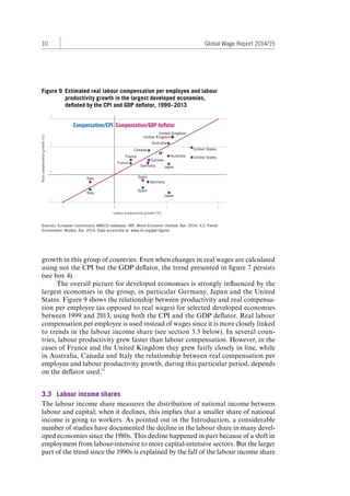 10 Global Wage Report 2014/15 
growth in this group of countries. Even when changes in real wages are calculated 
using not the CPI but the GDP deflator, the trend presented in figure 7 persists 
(see box 4). 
The overall picture for developed economies is strongly influenced by the 
largest economies in the group, in particular Germany, Japan and the United 
States. Figure 9 shows the relationship between productivity and real compensa-tion 
per employee (as opposed to real wages) for selected developed economies 
between 1999 and 2013, using both the CPI and the GDP deflator. Real labour 
compensation per employee is used instead of wages since it is more closely linked 
to trends in the labour income share (see section 3.3 below). In several coun-tries, 
labour productivity grew faster than labour compensation. However, in the 
cases of France and the United Kingdom they grew fairly closely in line, while 
in Australia, Canada and Italy the relationship between real compensation per 
employee and labour productivity growth, during this particular period, depends 
on the deflator used.13 
3.3 Labour income shares 
The labour income share measures the distribution of national income between 
labour and capital; when it declines, this implies that a smaller share of national 
income is going to workers. As pointed out in the Introduction, a considerable 
number of studies have documented the decline in the labour share in many devel-oped 
economies since the 1980s. This decline happened in part because of a shift in 
employment from labour-intensive to more capital-intensive sectors. But the larger 
part of the trend since the 1990s is explained by the fall of the labour income share 
Figure 9 Estimated real labour compensation per employee and labour 
productivity growth in the largest developed economies, 
deflated by the CPI and GDP deflator, 1999–2013 
Sources: European Commission AMECO database; IMF, World Economic Outlook, Apr. 2014; ILO Trends 
Econometric Models, Apr. 2014. Data accessible at: www.ilo.org/gwr-figures 
–1 
0 
1 
2 
Real compensation growth (%) 
Labour productivity growth (%) 
–1 0 1 2 
J 
J 
J 
J 
J 
J 
J 
J J 
J J 
J 
J 
J 
J 
J 
J 
Australia 
Canada 
France 
Germany 
Italy 
Japan 
Spain 
United Kingdom 
United Kingdom 
Australia United States 
Canada 
France 
Germany 
Italy 
Japan 
Spain 
United States 
Compensation/CPI Compensation/GDP deflator 
45° 
Contents 
 