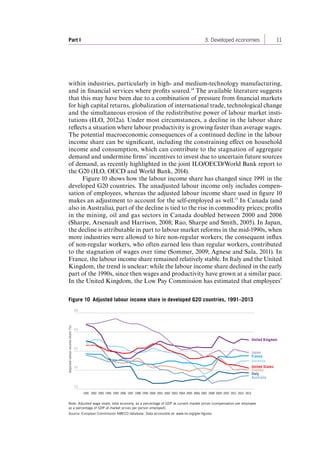 Part I 3. Developed economies 11 
within industries, particularly in high- and medium-technology manufacturing, 
and in financial services where profits soared.14 The available literature suggests 
that this may have been due to a combination of pressure from financial markets 
for high capital returns, globalization of international trade, technological change 
and the simultaneous erosion of the redistributive power of labour market insti-tutions 
(ILO, 2012a). Under most circumstances, a decline in the labour share 
reflects a situation where labour productivity is growing faster than average wages. 
The potential macroeconomic consequences of a continued decline in the labour 
income share can be significant, including the constraining effect on household 
income and consumption, which can contribute to the stagnation of aggregate 
demand and undermine firms’ incentives to invest due to uncertain future sources 
of demand, as recently highlighted in the joint ILO/OECD/World Bank report to 
the G20 (ILO, OECD and World Bank, 2014). 
Figure 10 shows how the labour income share has changed since 1991 in the 
developed G20 countries. The unadjusted labour income only includes compen-sation 
of employees, whereas the adjusted labour income share used in figure 10 
makes an adjustment to account for the self-employed as well.15 In Canada (and 
also in Australia), part of the decline is tied to the rise in commodity prices; profits 
in the mining, oil and gas sectors in Canada doubled between 2000 and 2006 
(Sharpe, Arsenault and Harrison, 2008; Rao, Sharpe and Smith, 2005). In Japan, 
the decline is attributable in part to labour market reforms in the mid-1990s, when 
more industries were allowed to hire non-regular workers; the consequent influx 
of non-regular workers, who often earned less than regular workers, contributed 
to the stagnation of wages over time (Sommer, 2009; Agnese and Sala, 2011). In 
France, the labour income share remained relatively stable. In Italy and the United 
Kingdom, the trend is unclear: while the labour income share declined in the early 
part of the 1990s, since then wages and productivity have grown at a similar pace. 
In the United Kingdom, the Low Pay Commission has estimated that employees’ 
Figure 10 Adjusted labour income share in developed G20 countries, 1991–2013 
Note: Adjusted wage share, total economy, as a percentage of GDP at current market prices (compensation per employee 
as a percentage of GDP at market prices per person employed). 
Source: European Commission AMECO database. Data accessible at: www.ilo.org/gwr-figures 
52 
56 
60 
64 
68 
Adjusted labour income share (%) 
1991 1992 1993 1994 1995 1996 1997 1998 1999 2000 2001 2002 2003 2004 2005 2006 2007 2008 2009 2010 2011 2012 2013 
Germany 
France 
Italy 
United Kingdom 
United States 
Japan 
Canada 
Australia 
Contents 
 