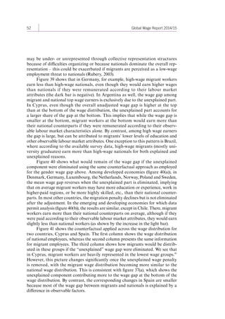 52 Global Wage Report 2014/15 
may be under- or unrepresented through collective representation structures 
because of difficulties organizing or because nationals dominate the overall rep-resentation 
– this could be exacerbated if migrants are perceived as a low-wage 
employment threat to nationals (Rubery, 2003). 
Figure 39 shows that in Germany, for example, high-wage migrant workers 
earn less than high-wage nationals, even though they would earn higher wages 
than nationals if they were remunerated according to their labour market 
attributes (the dark bar is negative). In Argentina as well, the wage gap among 
migrant and national top wage earners is exclusively due to the unexplained part. 
In Cyprus, even though the overall unadjusted wage gap is higher at the top 
than at the bottom of the wage distribution, the unexplained part accounts for 
a larger share of the gap at the bottom. This implies that while the wage gap is 
smaller at the bottom, migrant workers at the bottom would earn more than 
their national counterparts if they were remunerated according to their observ-able 
labour market characteristics alone. By contrast, among high wage earners 
the gap is large, but can be attributed to migrants’ lower levels of education and 
other observable labour market attributes. One exception to this pattern is Brazil, 
where according to the available survey data, high-wage migrants (mostly uni-versity 
graduates) earn more than high-wage nationals for both explained and 
unexplained reasons. 
Figure 40 shows what would remain of the wage gap if the unexplained 
component were eliminated using the same counterfactual approach as employed 
for the gender wage gap above. Among developed economies (figure 40(a)), in 
Denmark, Germany, Luxembourg, the Netherlands, Norway, Poland and Sweden, 
the mean wage gap reverses when the unexplained part is eliminated, implying 
that on average migrant workers may have more education or experience, work in 
higher-paid regions, or be more highly skilled, etc., than their national counter-parts. 
In most other countries, the migration penalty declines but is not eliminated 
after the adjustment. In the emerging and developing economies for which data 
permit analysis 
(figure 40(b)), the results are similar, except in Chile. There, migrant 
workers earn more than their national counterparts on average, although if they 
were paid according to their observable labour market attributes, they would earn 
slightly less than national workers (as shown by the increase in the light bar). 
Figure 41 shows the counterfactual applied across the wage distribution for 
two countries, Cyprus and Spain. The first column shows the wage distribution 
of national employees, whereas the second column presents the same information 
for migrant employees. The third column shows how migrants would be distrib-uted 
in these groups if the “unexplained” wage gap were eliminated. We see that 
in Cyprus, migrant workers are heavily represented in the lowest wage groups.41 
However, this picture changes significantly once the unexplained wage penalty 
is removed, with the migrant wage distribution becoming more similar to the 
national wage distribution. This is consistent with figure 37(a), which shows the 
unexplained component contributing more to the wage gap at the bottom of the 
wage distribution. By contrast, the corresponding changes in Spain are smaller 
because most of the wage gap between migrants and nationals is explained by a 
difference in observable factors. 
Contents 
 
