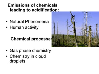 Emissions of chemicals
leading to acidification:
• Natural Phenomena
• Human activity
Chemical processes:
• Gas phase chemistry
• Chemistry in cloud
droplets

 