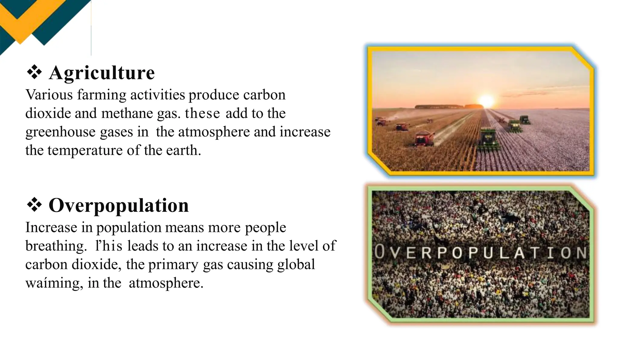 Agriculture
Various farming activities produce carbon
dioxide and methane gas. these add to the
greenhouse gases in the atmosphere and increase
the temperature of the earth.
 Overpopulation
Increase in population means more people
breathing. ľhis leads to an increase in the level of
carbon dioxide, the primary gas causing global
waíming, in the atmosphere.
 