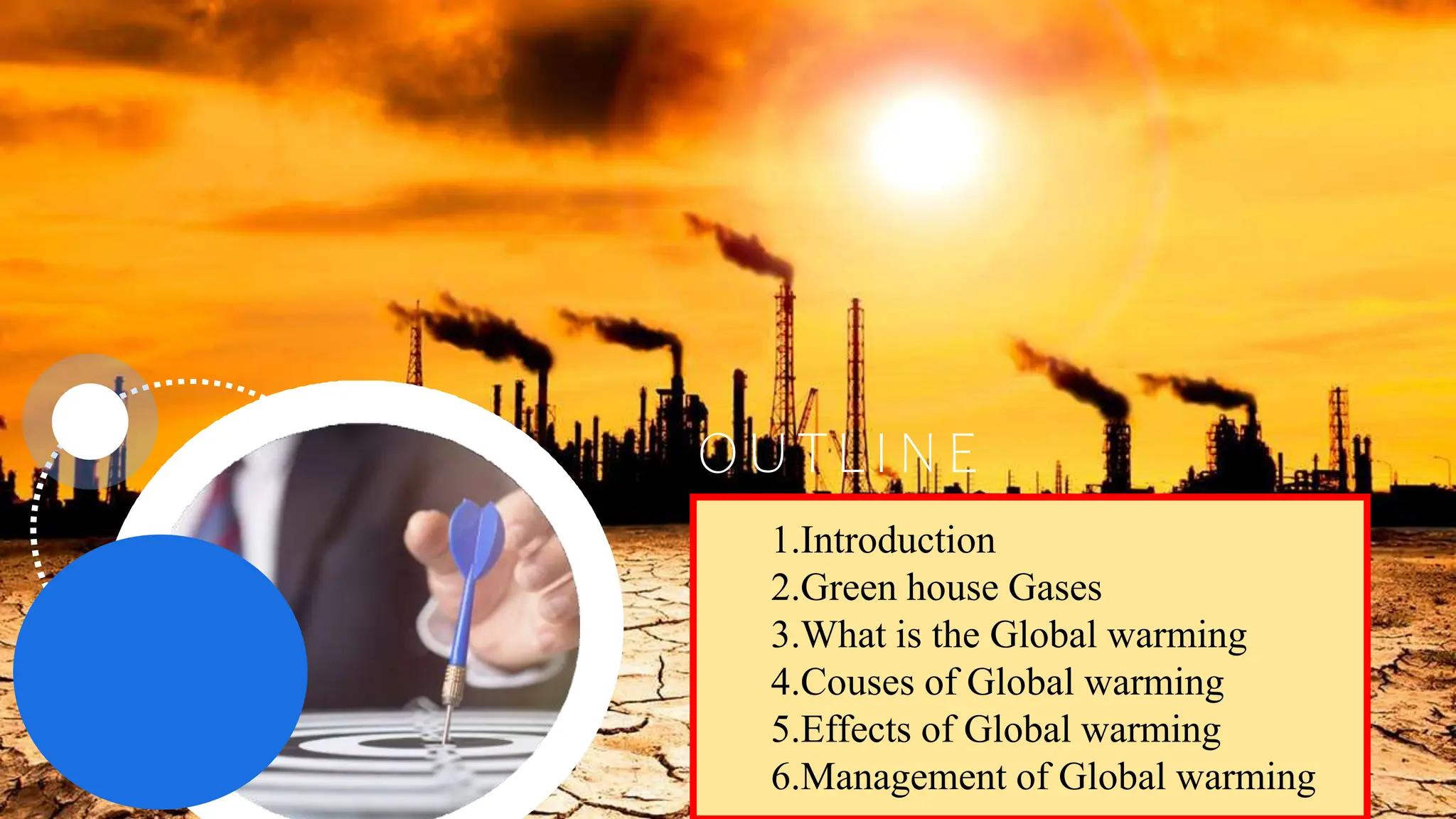 1.Introduction
2.Green house Gases
3.What is the Global warming
4.Couses of Global warming
5.Effects of Global warming
6.Management of Global warming
OUTLINE
 