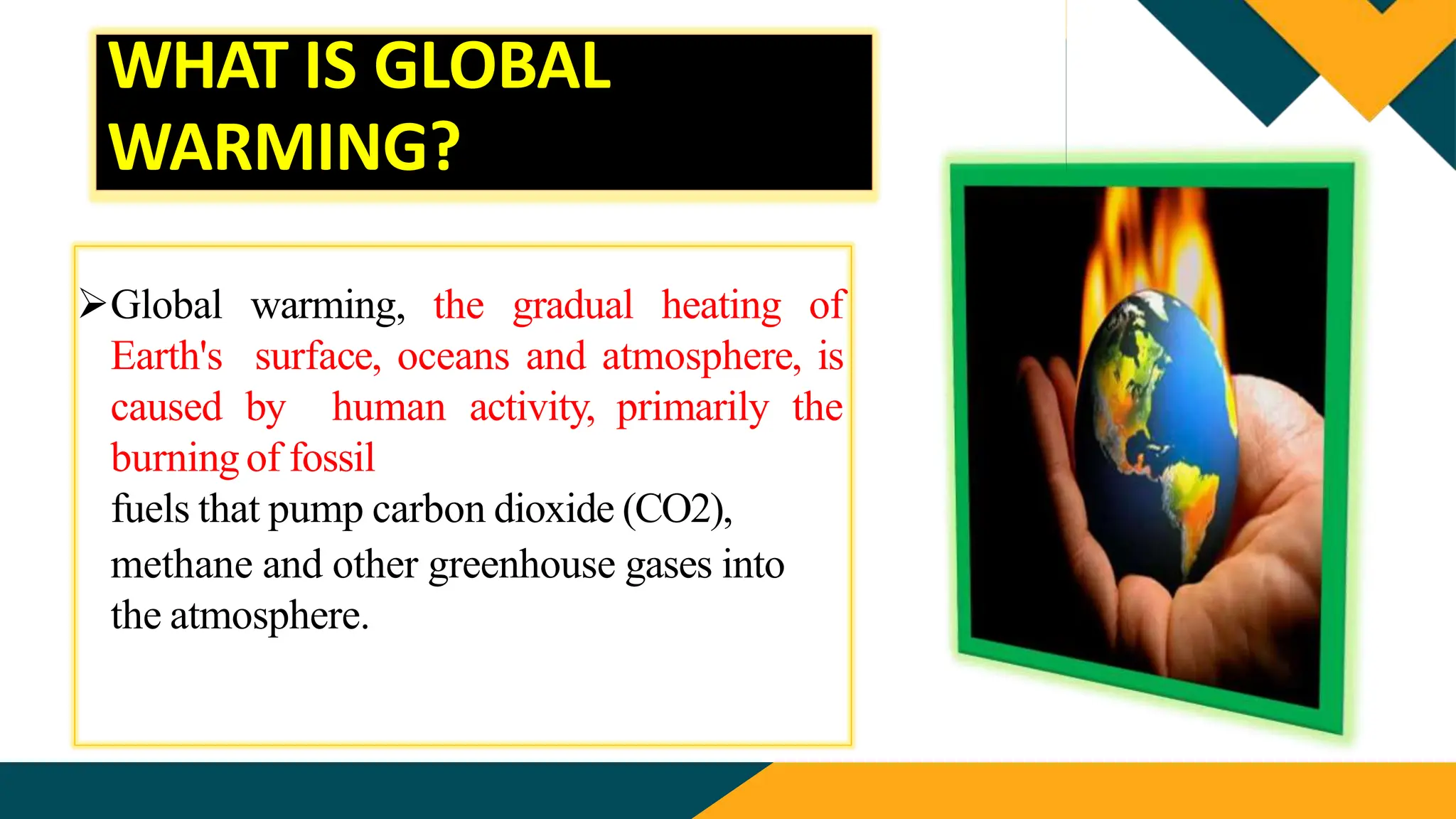 WHAT IS GLOBAL
WARMING?
Global warming, the gradual heating of
Earth's surface, oceans and atmosphere, is
caused by human activity, primarily the
burning of fossil
fuels that pump carbon dioxide (CO2),
methane and other greenhouse gases into
the atmosphere.
 