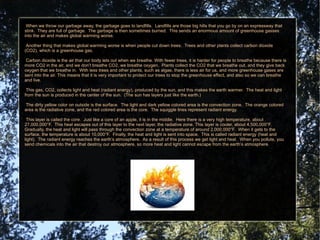 Algae is a producer that you can see floating on the top of the water.  (A producer is something that makes food for other animals through photosynthesis, like grass.)  This floating green algae is food to many consumers in the ocean.  (A consumer is something that eats the producers.)  One kind of a consumer is small fish.  There are many others like crabs, some whales, and many other animals.  Fewer algae is a problem because there is less food for us and many animals in the sea.  Global warming is doing many things to people as well as animals and plants.  It is killing algae, but it is also destroying many huge forests.  The pollution that causes global warming is linked to acid rain.  Acid rain gradually destroys almost everything it touches.  Global warming is also causing many more fires that wipe out whole forests.  This happens because global warming can make the earth very hot.  In forests, some plants and trees leaves can be so dry that they catch on fire. 