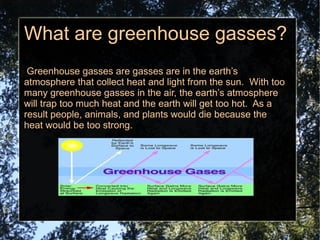 What are greenhouse gasses? Greenhouse gasses are gasses are in the earth’s atmosphere that collect heat and light from the sun.  With too many greenhouse gasses in the air, the earth’s atmosphere will trap too much heat and the earth will get too hot.  As a result people, animals, and plants would die because the heat would be too strong. 