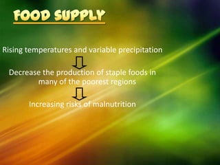 Rising temperatures and variable precipitation

 Decrease the production of staple foods in
        many of the poorest regions

       Increasing risks of malnutrition
 