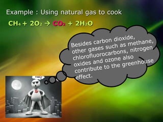 Example : Using natural gas to cook
CH4 + 2O2  CO2 + 2H2O
 