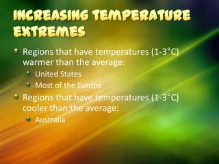 Regions that have temperatures (1-3°C)
warmer than the average:
   United States
   Most of the Europe
Regions that have temperatures (1-3°C)
cooler than the average:
   Australia
 