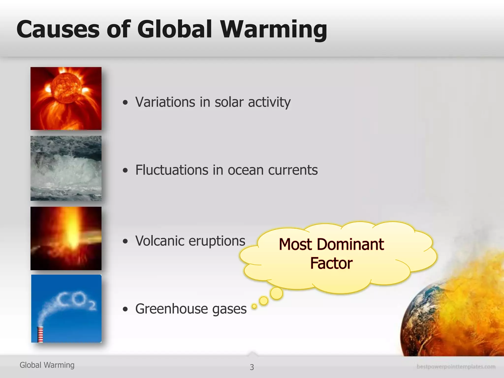 Causes of Global Warming

                 • Variations in solar activity



                 • Fluctuations in ocean currents




                 • Volcanic eruptions



                 • Greenhouse gases


Global Warming                          3
 