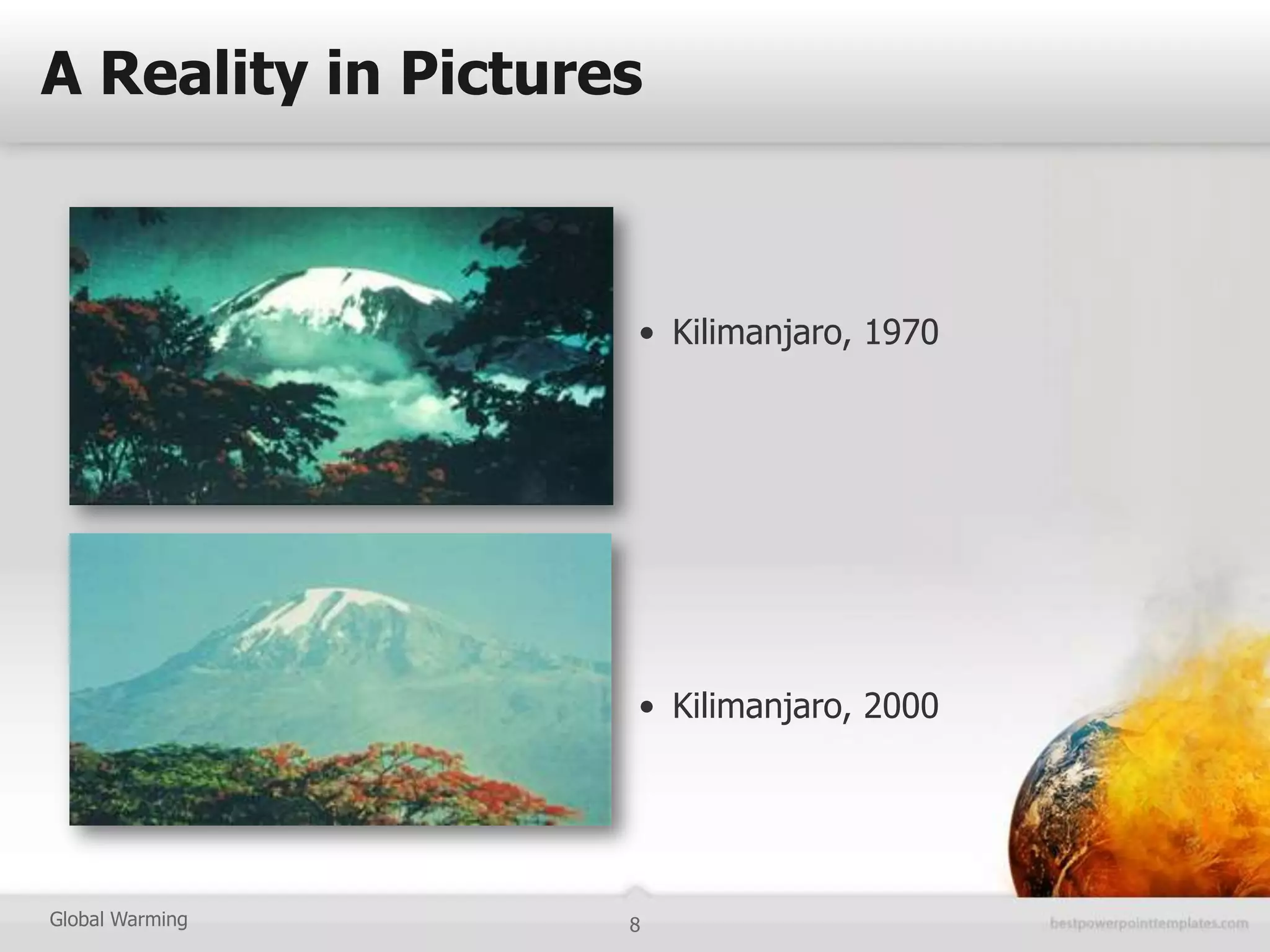 A Reality in Pictures



                    • Kilimanjaro, 1970




                    • Kilimanjaro, 2000




Global Warming      8
 