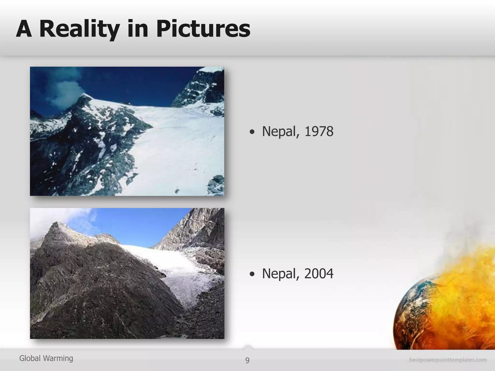 A Reality in Pictures



                    • Nepal, 1978




                    • Nepal, 2004




Global Warming      9
 
