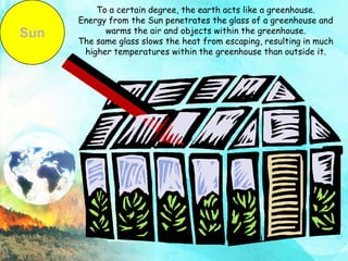 To a certain degree, the earth acts like a greenhouse.
      Energy from the Sun penetrates the glass of a greenhouse and
Sun         warms the air and objects within the greenhouse.
      The same glass slows the heat from escaping, resulting in much
       higher temperatures within the greenhouse than outside it.
 