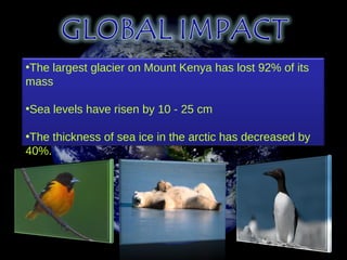 •The largest glacier on Mount Kenya has lost 92% of its
mass

•Sea levels have risen by 10 - 25 cm

•The thickness of sea ice in the arctic has decreased by
40%.
 