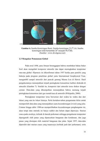 (A)                                       (B)

   Gambar 6. Sumbu Kemiringan Bumi. Sumbu kemiringan 23,50 (A). Sumbu
              kemiringan telah bertambah 260 menjadi 49,50(B).
                      (Sumber : www.divulgence.net)

2.3 Mengukur Pemanasan Global


       Pada awal 1896, para ilmuan beranggapan bahwa membakar bahan bakar
fosil akan mengubah komposisi atmosfer dan dapat meningkatkan temperatur
rata-rata global. Hipotesis ini dikonfirmasi tahun 1957 ketika para peneliti yang
bekerja pada program penelitian global yaitu International Geophysical Year,
mengambil sampel atmosfer dari puncak gunung Mauna Loa di Hawai. Hasil
pengukurannya menunjukkan terjadi peningkatan konsentrasi karbon dioksida di
atmosfer (Gambar 7). Setelah itu, komposisi dari atmosfer terus diukur dengan
cermat. Data-data yang dikumpulkan menunjukkan bahwa memang terjadi
peningkatan konsentrasi dari gas rumah kaca di atmosfer (Wikipedia, 2008).
       Peningkatan temperatur terus bervariasi dari waktu ke waktu dan dari
lokasi yang satu ke lokasi lainnya. Perlu bertahun-tahun pengamatan iklim untuk
memperoleh data-data yang menunjukkan suatu kecenderungan (trend) yang jelas.
Catatan hingga akhir 1980-an memperlihatkan kecenderungan penghangatan ini,
akan tetapi data statistik ini hanya sedikit dan belum dapat dipercaya. Stasiun
cuaca pada awalnya, terletak di daerah perkotaan sehingga pengukuran temperatur
dipengaruhi oleh panas yang dipancarkan bangunan dan kendaraan, dan juga
panas yang disimpan oleh material bangunan dan jalan. Sejak 1957, data-data
diperoleh dari stasiun cuaca yang terpercaya (terletak jauh dari perkotaan), serta


                                                                               11
 